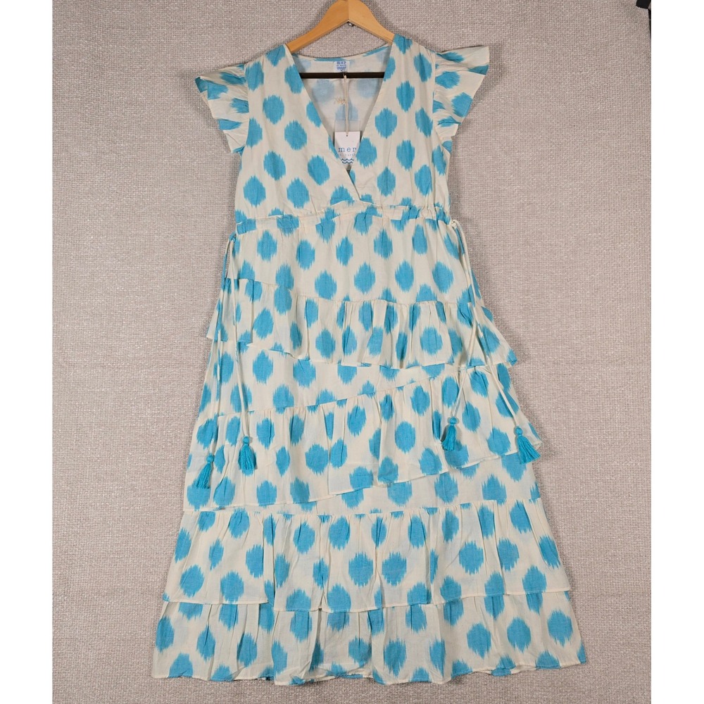 Mer St. Barth Mica‎ Tiered Maxi Dress Cream Aqua Ikat V-Neck Flutter Sleeve S